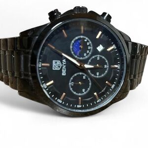 Black Chronograph Watch with Metal Case and Date Window​​​